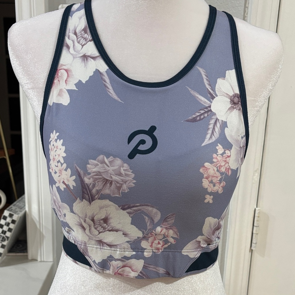 Peloton Purple Floral Racerback Sports Bra with Navy Trim